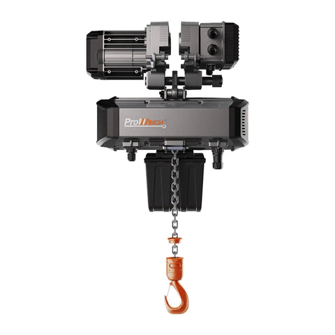 Badass Heavy Duty Electric Chain Hoist With Variable Speed Control 3 Phase 440V 2 Ton Capacity, top view showing motor and chain.