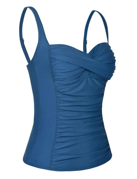 Push Up Tankini Top For Women Ruched Tummy Control Swim Top In Blue Size US 12 with padded cups, adjustable straps, retro style