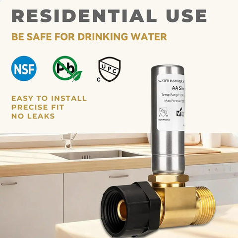 Stainless Steel Water Hammer Arrestor 2 Pack With 7/8 Inch Female Swivel Nut To 3/4 Inch Male Thread Reduces Banging Noise In Toilets And Pipes With Lead Free Brass And Durable Stainless Steel Construction, installed in kitchen sink