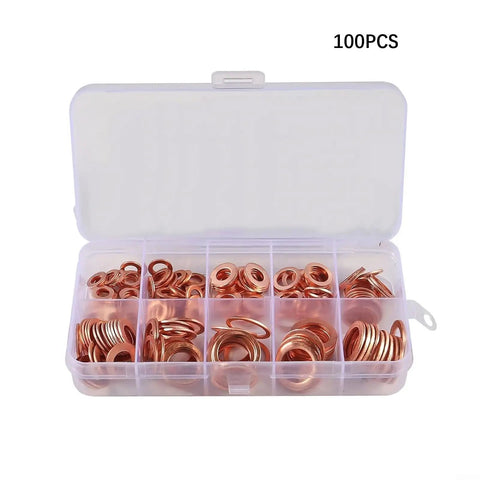 Kickass 100 Piece Copper Flat Washer Gasket Assortment Kit With Purple Copper Sealing Rings Perfect For Sump Automotive And Hydraulic Electrical Systems Top Tier Heat Resistance Stored Neat Inside Organizer Box Great Tool For Mechanics And Homeowners. 100pcs copper washers in organizer box