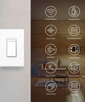 3 Way Smart Dimmer Switch Kit For Dimmable Lights With Alexa, Google Assistant And SmartThings, features icons, white wall switch