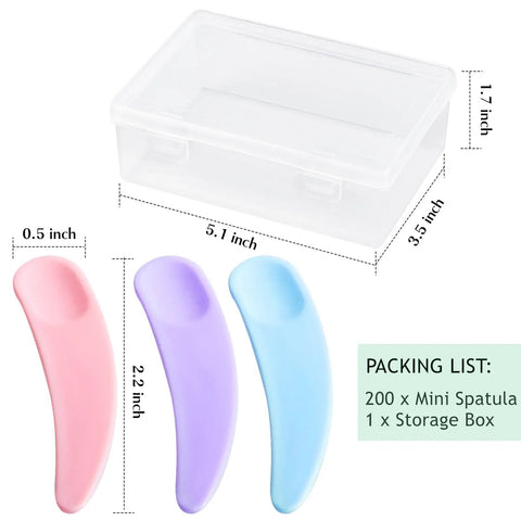 Bulk 200 Mini Makeup Spatulas With Storage Box Disposable Cosmetic Spatulas In Pink Blue Purple Perfect For Pros And Salons Skincare Samples Beauty Demos And Home DIY Cosmetic Kits, 2.2 inch
