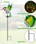 Outdoor Solar Hummingbird Garden Lights For Pathway And Patio, cozy warm yellow LED stake lights, metal stake, glass hummingbird detail