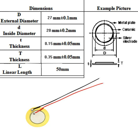 Diagram and specifications for 15 Pack 27mm Piezo Disc Transducers Contact Microphones With 4 Inch Wires For Acoustic Instruments Ideal For Guitars Mandolins Ukuleles And DIY Audio Projects