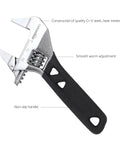 Slim Jaw 5.5 Inch Adjustable Wrench With 1 3 16 Inch Capacity, Narrow Profile For Tight Spots, Drop Forged Cr V Steel, Inch And Metric Scale, Handy For Auto Repair, Plumbing, General Maintenance And DIY Projects showing quality Cr-V steel, smooth worm adjustment, and non-slip handle.