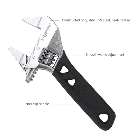 Slim Jaw 5.5 Inch Adjustable Wrench With 1 3 16 Inch Capacity, Narrow Profile For Tight Spots, Drop Forged Cr V Steel, Inch And Metric Scale, Handy For Auto Repair, Plumbing, General Maintenance And DIY Projects showing quality Cr-V steel, smooth worm adjustment, and non-slip handle.
