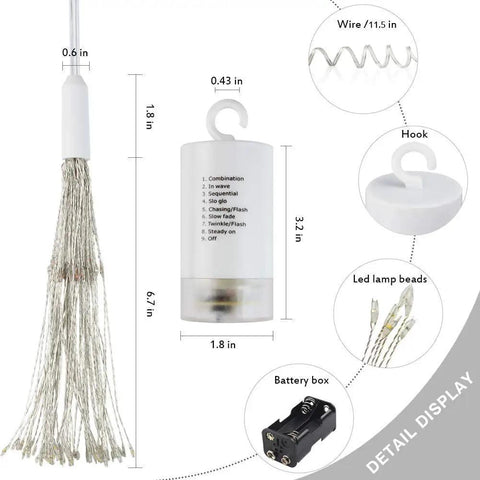 Lit 4 Pack Firework LED Copper Wire Star String Lights battery box, wire, LED beads, and hook detail shown in diagram