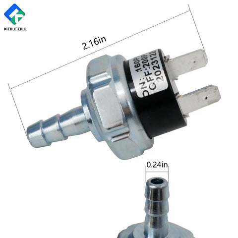 Close-up of Air Compressor Micro Pressure Switch N003990 Fits D55168 Types 5-8, metal build with measurement details