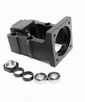 Steel, black Nema 23 motor mounting bracket with large bore; includes bearings and spacers.