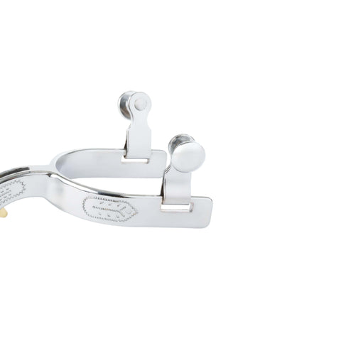 Kids Spur Set Chrome Plated With Engraved Band, 1 1/4 Inch Shank, 1/2 Inch Wide Band, 10 Point Rowel, Sold Per Pair, Kid Friendly Equestrian Spurs For Young Riders, Durable And Safe Chrome Finish