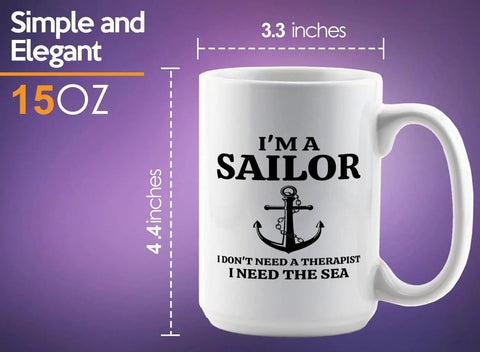I Don't Need An Alarm I Need My Coffee Sailor Mug 15oz White Ceramic Gift For Boaters Sailors Lake Lovers Sailboat Glass Funny Gift For Captains And Shipmates, shown from the side with anchor design.
