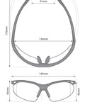 Technical drawing of Constructor Full Lens Safety Reading Glasses With Wraparound Frame, including dimensions and measurements.