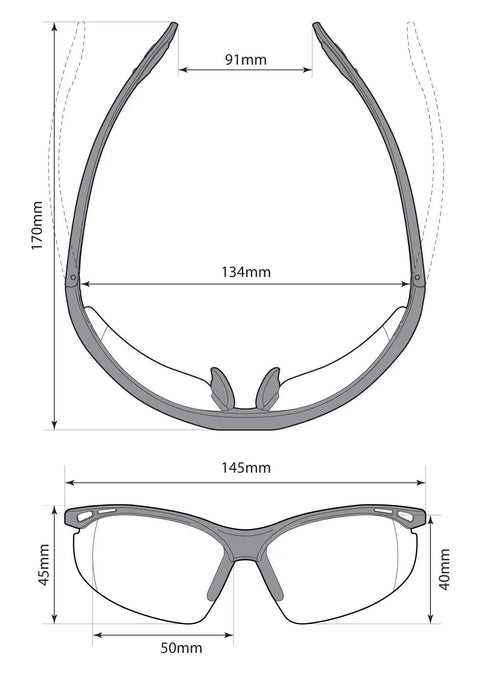 Technical drawing of Constructor Full Lens Safety Reading Glasses With Wraparound Frame, including dimensions and measurements.