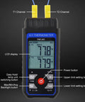 Front view of Dual Channel K And J Type Thermocouple Thermometer with labeled buttons and display, showing temperature readings.