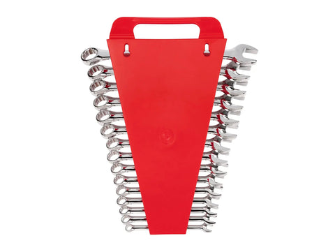 15 Piece Metric Combination Wrench Set 8 To 22 Mm With Angled Open End And 12 Point Box End Holder, displayed in red organizer.