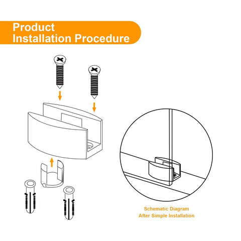 Installation diagram for Bottom Guide For Sliding Shower Door In Brushed Gold Finish, 2 By 1 Inch Size, with screws and glass clamp.