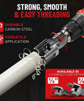 Two Pack PVC Pipe Threader Kit 1/2 and 3/4 Inch With Built In Internal And External Threading Rust Resistant Cutter Break Resistant Tool Set Dual Function Tubo Opener For Quick Clean Pipe Fittings showing threading process on PVC pipe