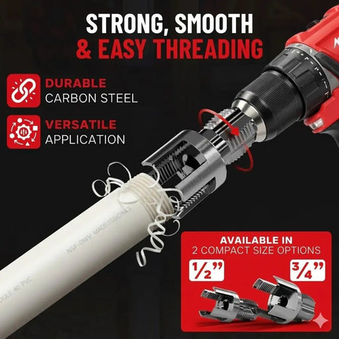 Two Pack PVC Pipe Threader Kit 1/2 and 3/4 Inch With Built In Internal And External Threading Rust Resistant Cutter Break Resistant Tool Set Dual Function Tubo Opener For Quick Clean Pipe Fittings showing threading process on PVC pipe