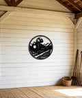 Industrial Steam Locomotive Metal Wall Art Plaque on white wooden wall in rustic space