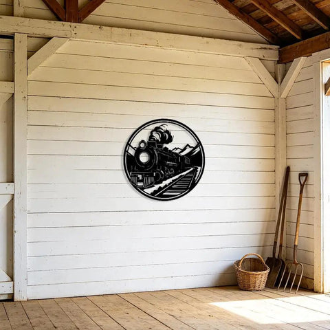 Industrial Steam Locomotive Metal Wall Art Plaque on white wooden wall in rustic space