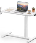 Mobile Rolling Desk Featuring Hidden Wheels And Smooth Pneumatic Height Adjustment Portable Laptop Stand For Home Office Or Bedside Setup Lightweight White Surface with laptop and coffee.