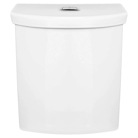 Front view of No Brainer Dual Flush Toilet Tank For 12-Inch Rough-In With 0.92 GPF Light Flush Or 1.28 GPF Full Flush, chrome button on lid.