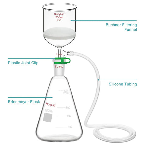 Top Notch Buchner Funnel And Flask Filtration Kit, 350 mL Glass Funnel With 1 L Erlenmeyer, Vacuum Silicone Tubing, Borosilicate Glass