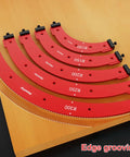 Heavy Duty Aluminum Router Corner Radius Template And Routing Jig Set With Five Precision Guides positioned on wooden surface for edge grooving.