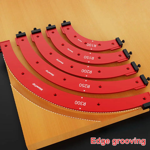 Heavy Duty Aluminum Router Corner Radius Template And Routing Jig Set With Five Precision Guides positioned on wooden surface for edge grooving.