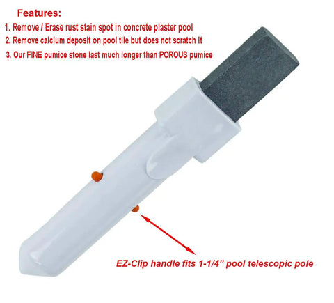 Pool Pumice Stone With EZ Clip Handle for easy cleaning on surfaces, attaches to telescopic pole. Fits 1-1/4 inch standard pool pole.