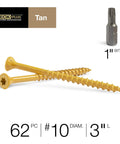 Coated Exterior Wood Deck Screws Three Inch Tan Finish, Size Ten Coarse Thread, Self Drilling Point, Torx Star Drive with T25 Bit