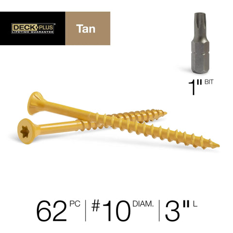 Coated Exterior Wood Deck Screws Three Inch Tan Finish, Size Ten Coarse Thread, Self Drilling Point, Torx Star Drive with T25 Bit