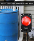 Heavy Duty Sump Pump Alarm High Water Level Alert 110dB IP67 Waterproof For Indoor Outdoor Use Loud Flood Warning With Red LED Indicator Easy Mount Durable Alarm System For Basement Protection mounted beside blue water tank