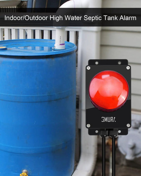 Heavy Duty Sump Pump Alarm High Water Level Alert 110dB IP67 Waterproof For Indoor Outdoor Use Loud Flood Warning With Red LED Indicator Easy Mount Durable Alarm System For Basement Protection mounted beside blue water tank