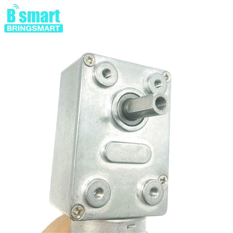 BRINGSMART JGY-370 12V worm gear motor with silver metal housing and protruding shaft; front view.