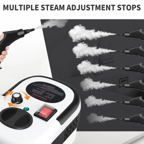 Supercharged Handheld Steam Cleaner With Beast Mode 2500 Watt Power, showing steam nozzle and adjustment controls.
