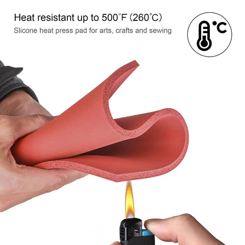 Red 15x15 Inch Silicone Heat Press Pad 0.3 Inch Thick for Heat Transfer Machine shown with flame resistance.