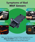 Mass Air Flow Sensor Replacement for Cars 5 Pin MAF Sensor 22680-1MG0A AFH60M-39 shown with symptoms of bad MAF sensor