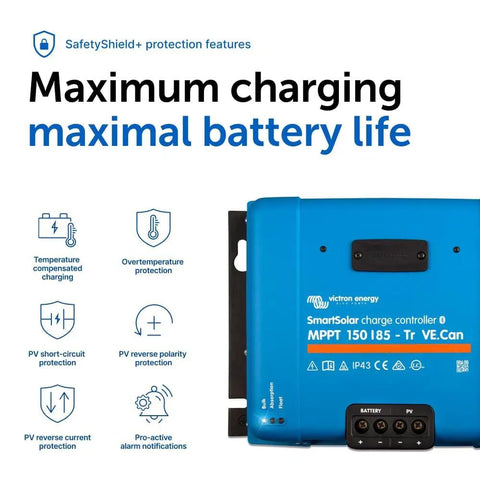 SmartSolar MPPT Tr VE 150V 85A Solar Charge Controller With Bluetooth, safety features, off-grid RV and marine power use