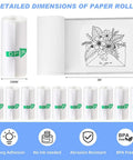Ten Rolls Mini Thermal Sticker Paper 57 By 25mm Self Adhesive For Mini Printer Sticker Maker And Instant Camera BPA Free Easy Peel Sheets Great For DIY Projects And Labeling Compatible With Two Point Two Inch Printers. Ten BPA-free 57x25mm sticker rolls with dimensions and printer compatibility shown