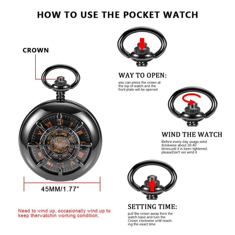 Instructions for Rudder Design Skeleton Mechanical Pocket Watch Hand Wind For Men With Dope Black Dial Roman Numerals