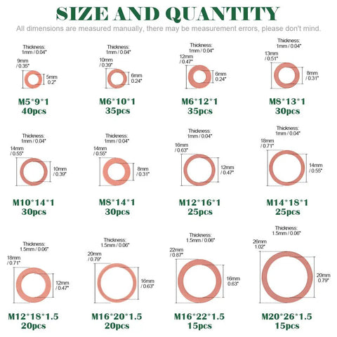 Copper Washers Set 320 Pieces Assorted Sealing Washers For Automotive Use Eight Metric Sizes M6 To M20 Crush Washers Size Chart