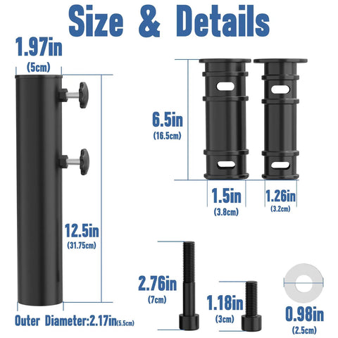 Size details of Universal Umbrella Pole Mount Replacement, featuring heavy-duty stainless steel bracket and base tube holder