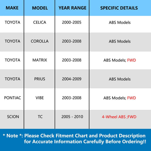 Fitment chart for Rear Wheel Bearing And Hub Assembly Pair Fits 2003 2008 Pontiac Vibe, 2003 2008 Toyota Corolla And Matrix, 2000 2005 Celica, 2004 2009 Prius, And 2005 2010 Scion Tc Replacement Ready To Install