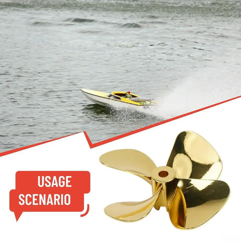 Beefy Four Blade Zinc Alloy RC Boat Propeller With Gold Plated Finish 4Mm Shaft 55Mm Or 60Mm Diameter shown with a speeding boat