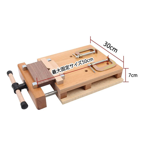 Heavy Duty Woodworking Tabletop Vise Kit showing solid wood base with measurements for small shops and home garages.