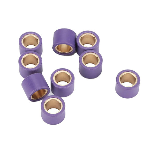 9 Piece Variator Roller Kit 15g Each For GY6 125cc Scooters Mopeds ATVs And Go Karts, purple nylon-copper rollers on white background