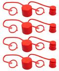 Dust caps for 1/2-inch flat-face hydraulic quick-connects; red rubber, 4-pack with tether rings for Bobcat skid-steer couplers.