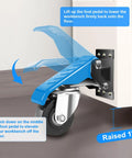 Badass Heavy Duty Workbench Casters Set Of Four With Smooth As Butter Urethane Wheels. Foot pedal mechanism shown in use.