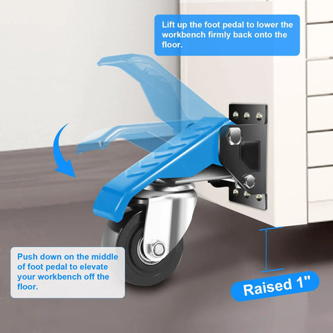 Badass Heavy Duty Workbench Casters Set Of Four With Smooth As Butter Urethane Wheels. Foot pedal mechanism shown in use.